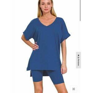 Zenana V-Neck Top & Biker Shorts Set – Blue – Size Small – New